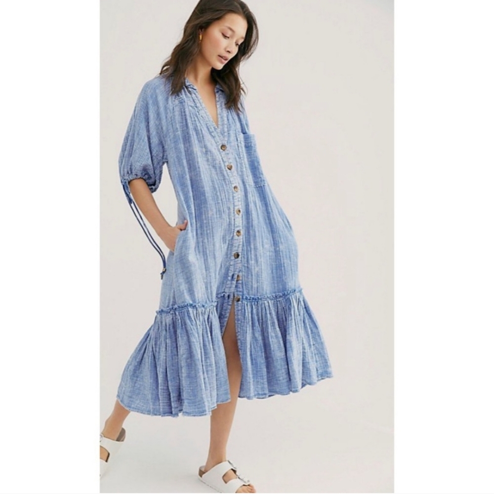 Free People Indigo Button-Down Midi Dress